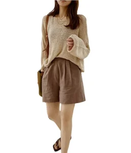 Women’s Simple Linen Short With Waist Lace Zipper Fly