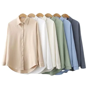 Women’s Simple Long-Sleeved Blouse Plain Solid Color Plus Size Shirt