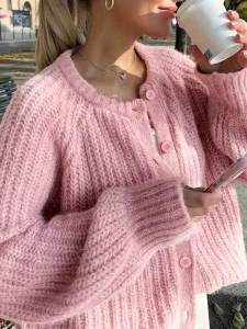 Women’s Single Breasted Crew Neck Long Sleeve Knit Cardigan