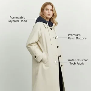 Women’s Single Breasted Long Puffer Coat Eco Friendly Cotton Trench Style with Hood Versatile for Commuting Travel
