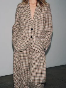 Women’s Single Breasted Woven Plaid Pattern Casual Blazer Jacket with Notched Collar and Long Sleeves in Khaki
