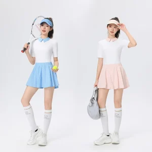Women’s Skinny Fit Lapel Nylon Polo Shirt Short Sleeve Top Striped Casual Golf Tennis Sportswear Set