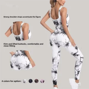 Women’s Skinny Yoga Seamless Knitted Tie Dye Jumpsuit with Removable Chest Pad Nylon Spandex Quick Dry Above Knee Length