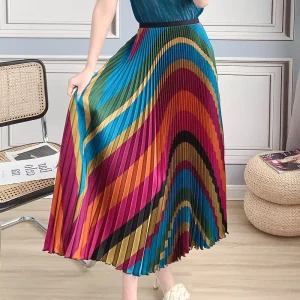 Women’s Skirt High Waist and Slim New Fashion Retro Stripe Printing Long Skirt Rainbow Pleated Skirt