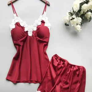 Women’s Sleepwear Deep V Neck Silk Pajama Sexy Girls Ladies Pyjamas Women Sleepwear Red Silk Shorts Pajamas