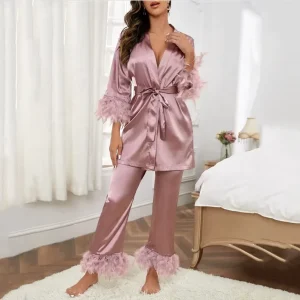 Women’s Sleepwear Fuzzy Trim Belted Long Pants Loungewear Feather Modal Pajamas Women Bamboo Satin Pyjama Lounge Wear Set