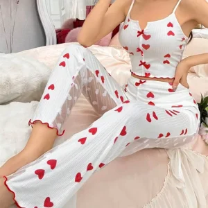 Women’s Sleepwear Heart Print Pajamas Sets Love Printed Sleeveless Camilose Top Vest With Long Pants Sexy Lingerie Lounge Wear