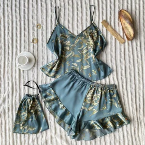 Women’s Sleepwear Loungewear Elegant Floral Print Cami Tops Ruffle Hem Shorts Pajama Set