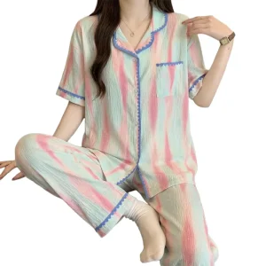 Women’s Sleepwear Short sleeve Top Long Pants Stylish Cardigan Lightweight Summer Loungewear