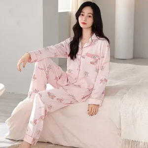 Women’s Sleepwear Soft and Comfortable Pink Floral Long Sleeve Set Home Wear Sleepwear for Winter