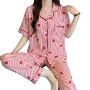 Women’s Sleepwear Sweet Lightweight Crinkled Fabric Short sleeve Long pants Loungewear Set