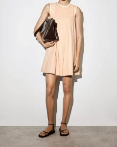Women’s Sleeveless A-Line Mini Dress Round Neck White Trim Casual Linen Summer Swing Dress