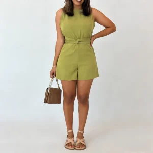 Women’s Sleeveless Above Knee Jumpsuit Self Tie Waist Romper with Crew Neck Casual Party Solid Color Fitness Dress