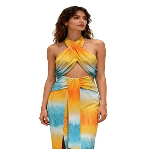 Women’s Sleeveless Backless Maxi Dress Elegant Party Dresses Tie Dye Print Split Slim Long Empire Casual
