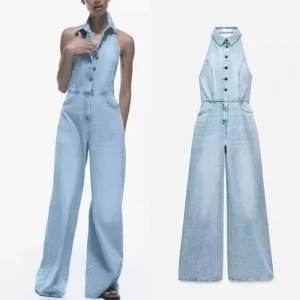 Women’s Sleeveless Denim Jumpsuits Long Rompers Playsuits One Piece Overalls Outfit