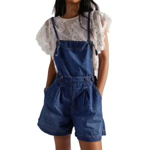 Women’s Sleeveless Denim Overalls Romper Casual Loose Spaghetti Strap Shorts Jumpsuit with Pockets