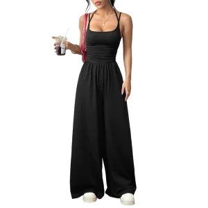 Women’s Sleeveless Elegant Pleated Rompers Casual Loose High Waist Sexy Summer Wide Leg Jumpsuits