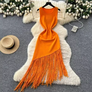 Women’s Sleeveless Fitted Fringed French Style Summer Waist Hugging Long Dress