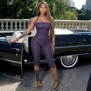 Women’s Sleeveless Jumpsuit Polka Dot Print Halter Backless One Piece Romper