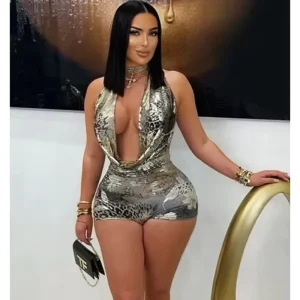 Women’s Sleeveless Jumpsuit Printed Halter Ruched Backless Jumpsuit Slimming Romper for Women