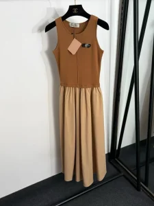 Women’s Sleeveless Knit Top & Nylon A-Line Midi Dress Two-Tone Patchwork Swing Dress Summer Anti-Wrinkle Elegant