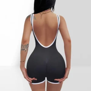 Women’s Sleeveless Sports Jumpsuit with Low Neck Contrast Color Hip Lift V Back Seamless Gym Suit for Running Stretchy Bodysuit
