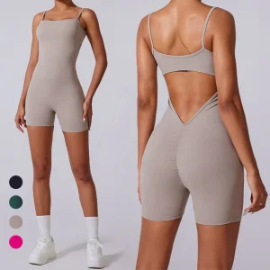 Women’s Sleeveless Tank Top Yoga Shorts Jumpsuits Backless Bodycon V Back Scrunch Butt Yoga Rompers Clubwear Workout Bodysuit