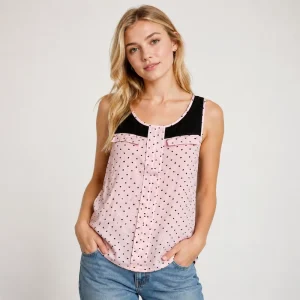 Women’s Sleeveless Top Mesh Neckline Panel Double Pockets Button Placket Lightweight Breathable Casual Blouse