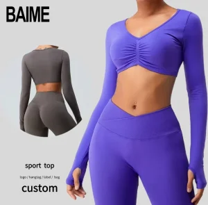 Women’s Slim Activewear Gym T Shirt Long Sleeve Crop Top With Thumb Hole Breathable Active Workout Clothes Factory