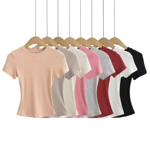 Women’s Slim Crop Top Solid Breathable T Shirt Short Sleeve Neck Top Quick Dry Sustainable Cotton Blend Summer Tight Thin Top