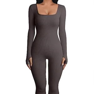 Women’s Slim Fit Autumn High Waist Jumpsuit Yoga Romper Workout Ribbed Long Sleeve Pants Sports