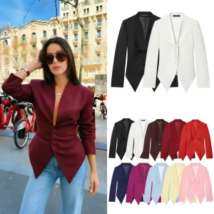 Women’s Slim Fit Deep V-neck Long Sleeve Asymmetrical Hem Blazer