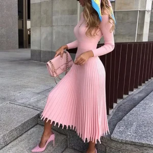 Women’s Slim Fit Long Sleeve Ribbed Knit Midi Sweater Dress Mock Neck Pleated Flare & Empire Waist in Solid Color