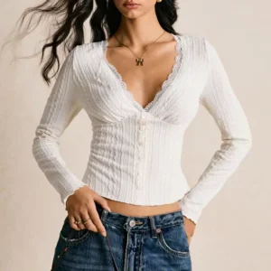 Women’s Slim Fit Long Sleeve T-Shirt Elegant Lace V-neck Top for Ladies