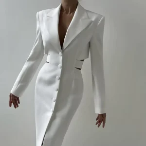 Women’s Slim Fit Long Sleeve Woven Blazer Suit Dress Single Button Opening Hollowed-out Decoration Solid Color
