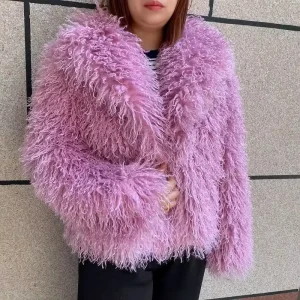 Women’s Slim Fit Pink Faux Mongolian Fur Coat with Large Collar Autumn and Winter Fashionable Mongolian Wool Coat