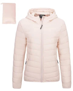 Women’s Slim Fit Portable Storage Warm Quilted Coat Packable Lightweight Full Zip Puffer Jacket with Hood Quilted Winter Coat