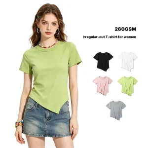 Women’s Slim Fit Solid Woven Summer Short Sleeved Cropped Round Neck Slimming Figure Hugging Sexy Tops