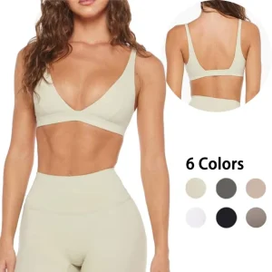 Women’s Slim Fit Sports Bra With Padded V Cut Cross Waist Low Impact Spaghetti Strap Gym Top Plus Size Breathable Solid Yoga Bra