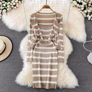 Women’s Slim Fit Striped A Line Knitted Sun Protection Cardigan Simple Waistband Fashionable Summer Party Dress