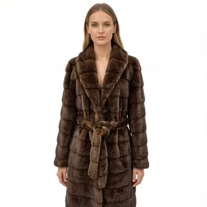 Women’s Slim Fit V-neck Faux Mink Fur Coat Belt Thick Long Sleeves Soft Fluffy Adjustable Waist Elegant Casual Outerwear All