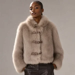Women’s Slim Maternity England Style Faux Fur Coat with Belt Closure Stand Collar Regular Sleeve Winter