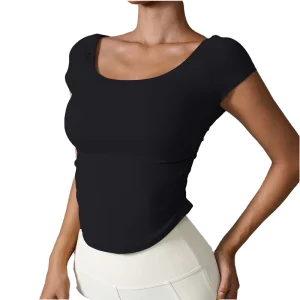 Women’s Slim Sports Running Crop Tops Scoop Neck Short Sleeve Yoga T-Shirt