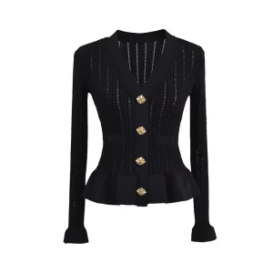 Women’s Slim V Neck Cardigan Sweater White Black Long Sleeve Knitted Top with Casual Button Decoration