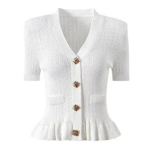 Women’s Slim V Neck Cardigan Sweater White Black Short Sleeve Knitted Top with Casual Button Decoration