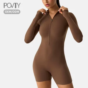 Women’s Slimming Sports Bodysuit Jumpsuit Long Sleeve Front Zipper Breathable Quick Dry Tops Shorts Custom Logo Butt