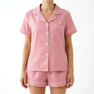 Women’s Soft Cotton Pajamas Set Short Sleeve Button Down Sleepwear with Shorts Piping Loungewear for Ladies