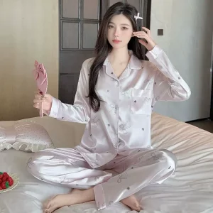 Women’s Soft Ice Silk Long Sleeve Loungewear Set Cool Pyjamas Turn-Down Collar Elastic Waist Comfortable Ladies Sleepwear Spring