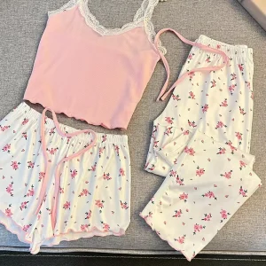 Women’s Soft Knitted Spandex Three Piece Floral Print Eco Friendly Breathable Pajama Set Summer Home Wear Loungewear
