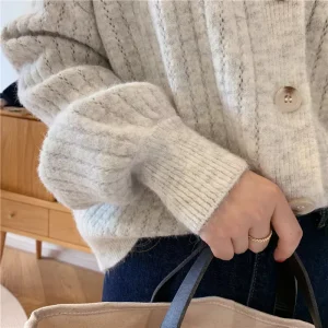 Women’s Soft Lantern Sleeve Knitted Cardigan for Library Studies